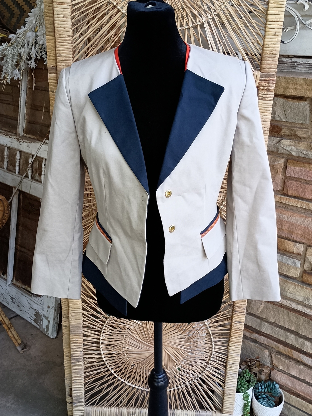 T Tahari Cream Blazer with Navy Lapel and Orange Trim_4
